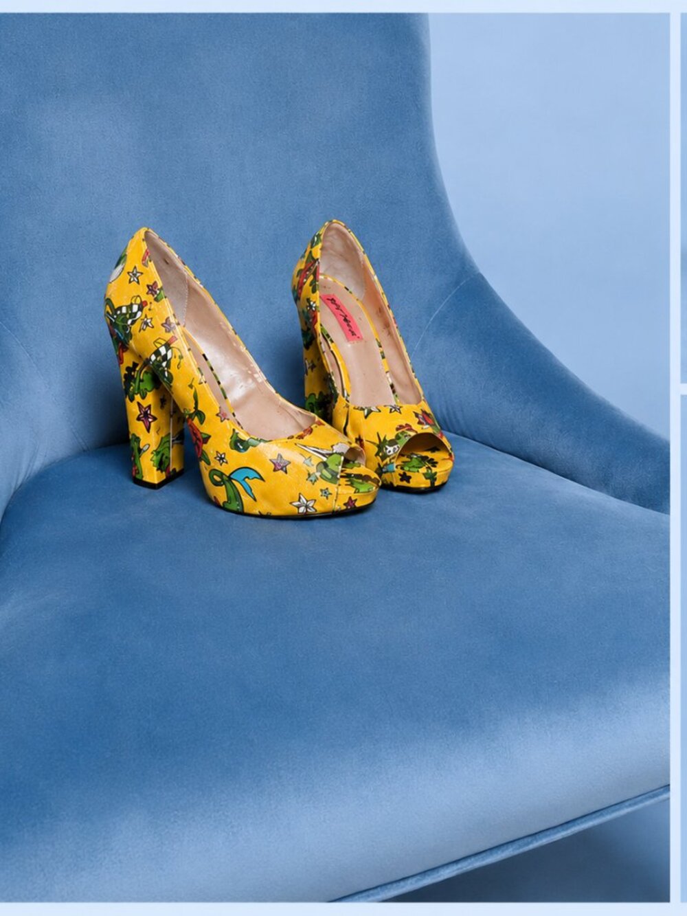 Rare Y2K Betsey Johnson “Betty” Tattoo Print Platform Heels Size 8M Yellow Pinup